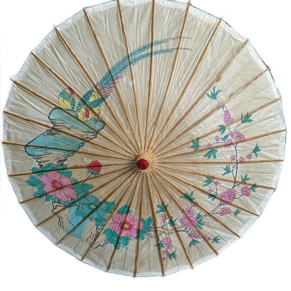 Vintage Rice Paper Umbrella Japanese Bamboo and Wood with Birds Floral F… - Picture 2 of 8